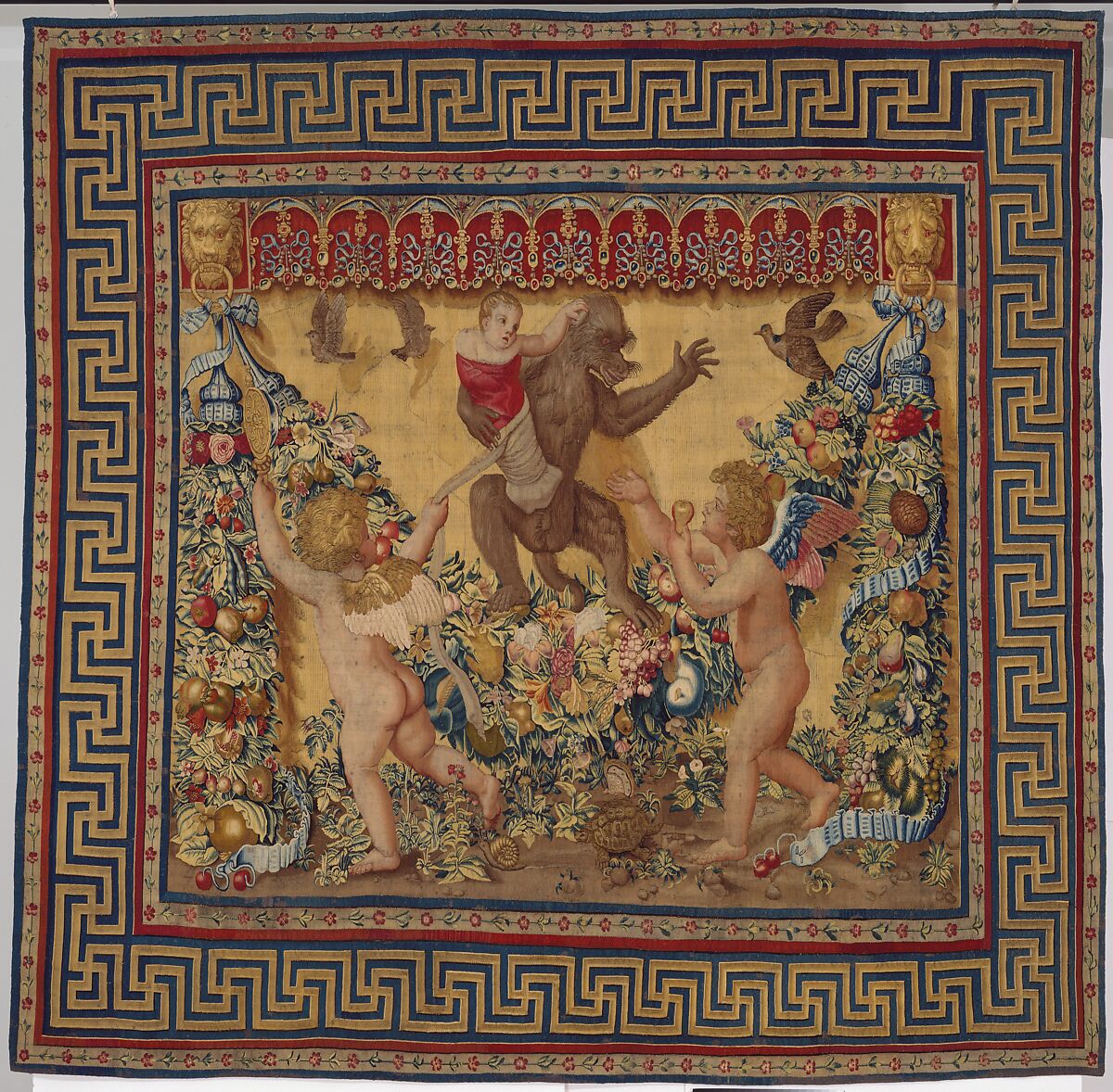 Two Putti Trying To Stop a Monkey Abducting a Child from a set of the Giochi di Putti, Design attributed to Giovanni da Udine (Giovanni dei Ricamatori) (Italian, Udine 1487–1564 Rome), Wool warps, wool and silk wefts, Italian, Rome 