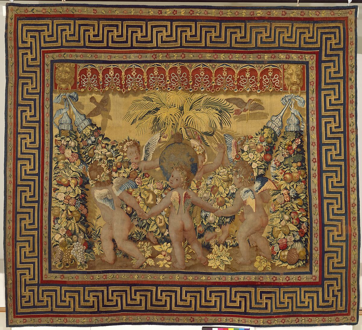 Six Putti Dancing Around a Globe and a Palm from a set of the Giochi di Putti, Design attributed to Giovanni da Udine (Giovanni dei Ricamatori) (Italian, Udine 1487–1564 Rome), Wool warps, wool and silk wefts, Italian, Rome 