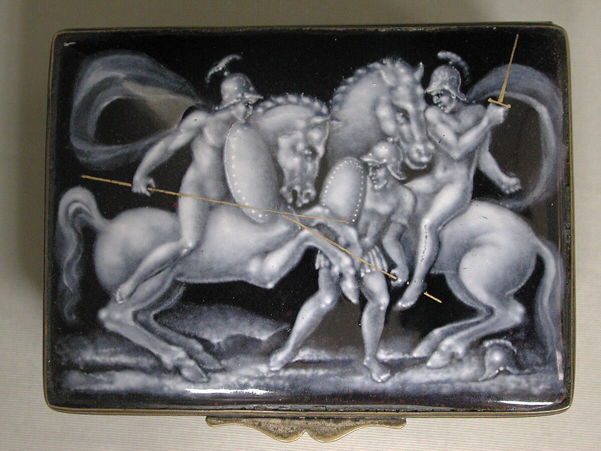 Snuffbox, possibly Sèvres Manufactory (French, 1740–present), Painted enamel on copper, partly gilt; copper with traces of silvering, French, possibly Sèvres