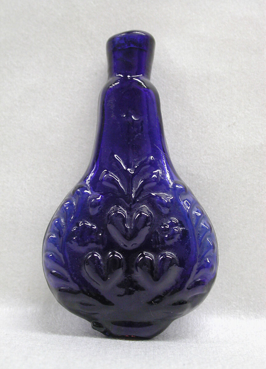 Blue-colored flacon de poche decorated with fleur de lys, hearts and roses, Glasshouse of Bernard Perrot, Verrerie Royale d&#39;Orléans (1640–1709), Glass, French, Orléans 