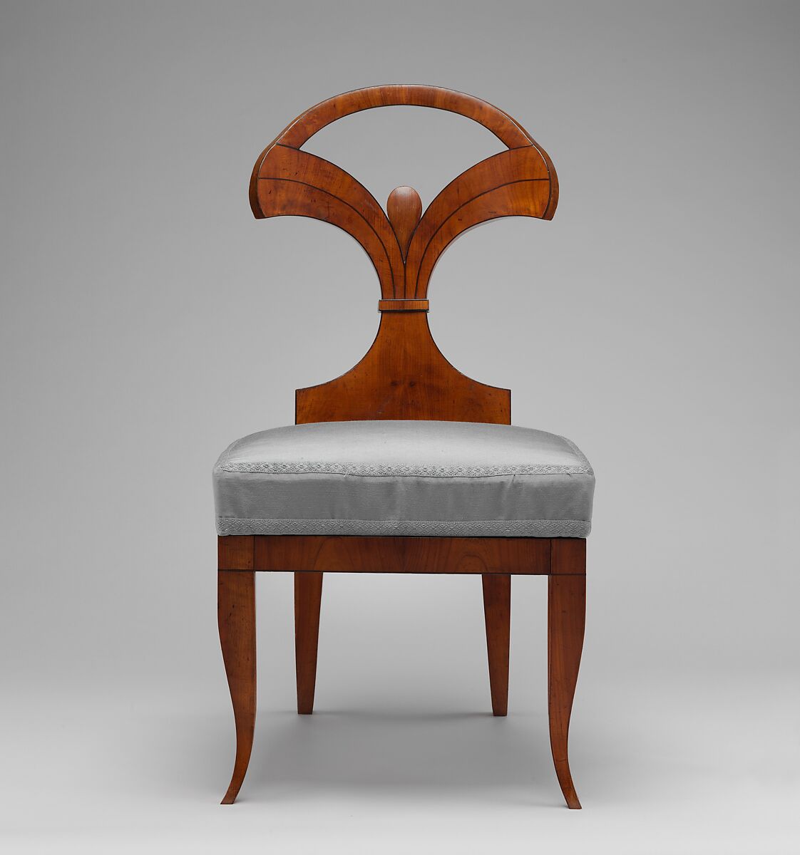 Side chair (one of a pair), Circle of Josef Danhauser 's K.K. Priv. Möbel-Fabrik, Vienna, Beech and pine wood, cherrywood veneer, ebonized mahogany framing strips; modern silk upholstery, Austrian, Vienna