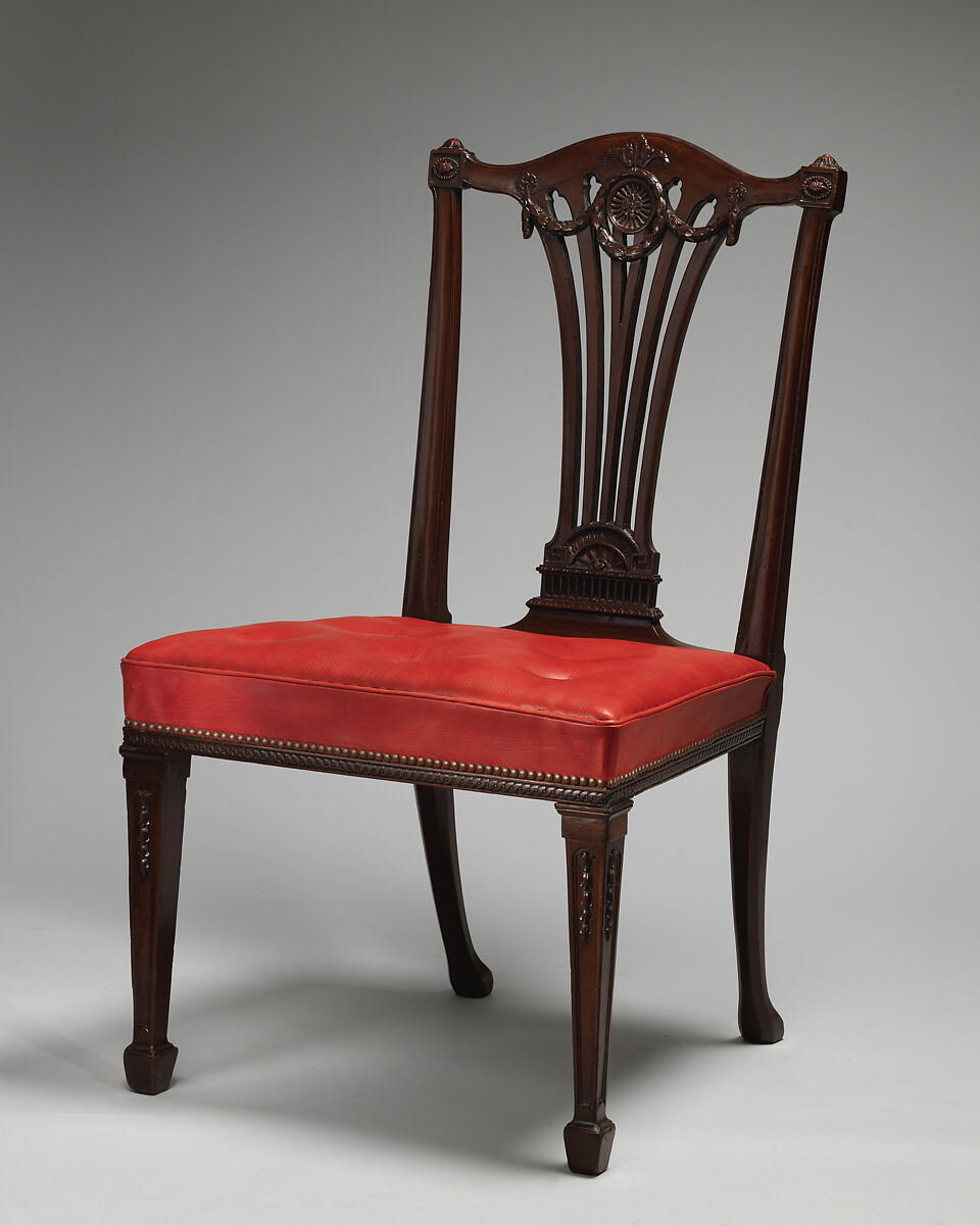 Set of fourteen side chairs, Robert Adam (British, Kirkcaldy, Scotland 1728–1792 London), Mahogany, covered in modern red morocco leather, British