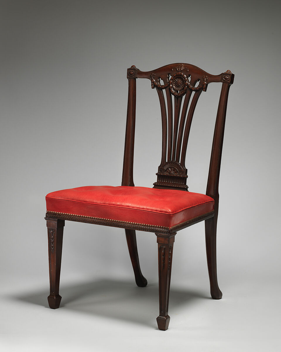 Set of fourteen side chairs, Robert Adam (British, Kirkcaldy, Scotland 1728–1792 London), Mahogany, covered in modern red morocco leather, British