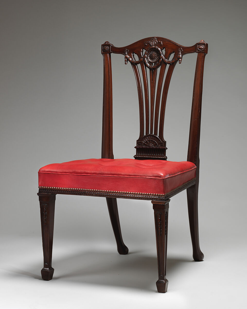 Set of fourteen side chairs, Robert Adam (British, Kirkcaldy, Scotland 1728–1792 London), Mahogany, covered in modern red morocco leather, British