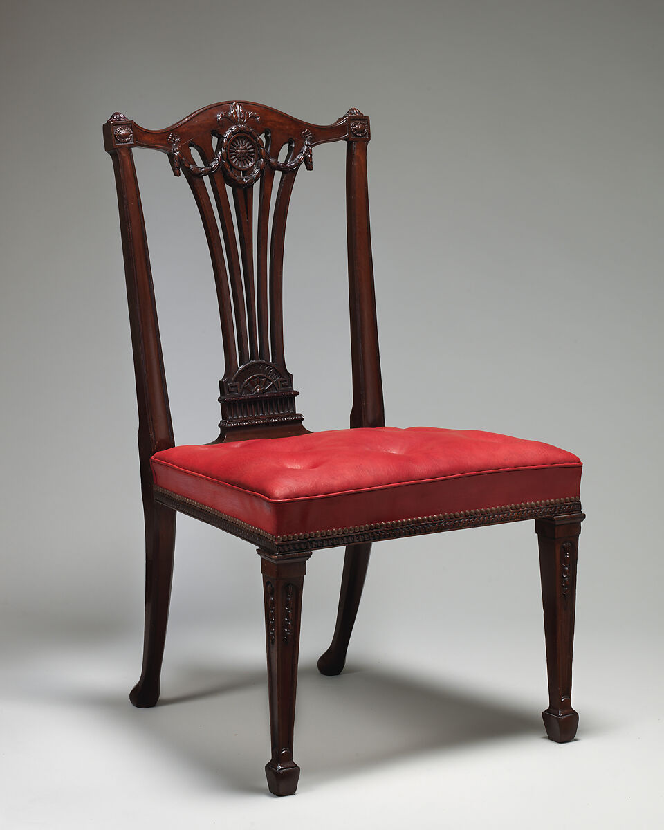 Set of fourteen side chairs, Robert Adam (British, Kirkcaldy, Scotland 1728–1792 London), Mahogany, covered in modern red morocco leather, British