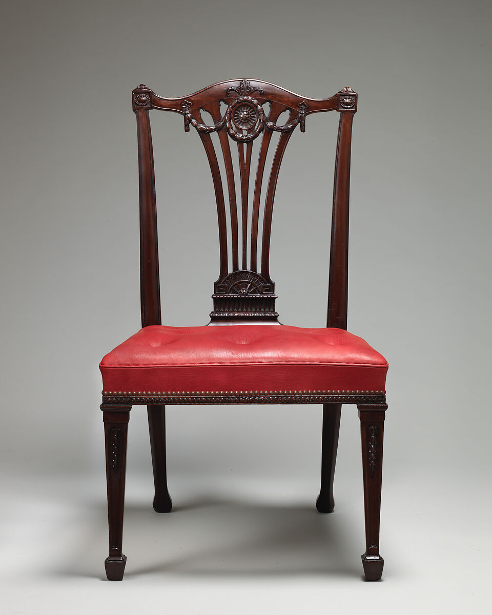 Set of fourteen side chairs, Robert Adam (British, Kirkcaldy, Scotland 1728–1792 London), Mahogany, covered in modern red morocco leather, British
