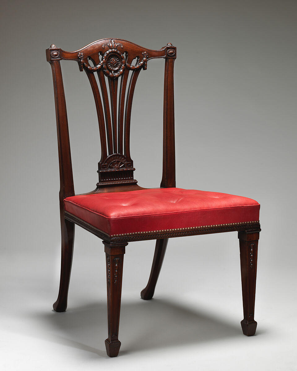 Set of fourteen side chairs, Robert Adam (British, Kirkcaldy, Scotland 1728–1792 London), Mahogany, covered in modern red morocco leather, British
