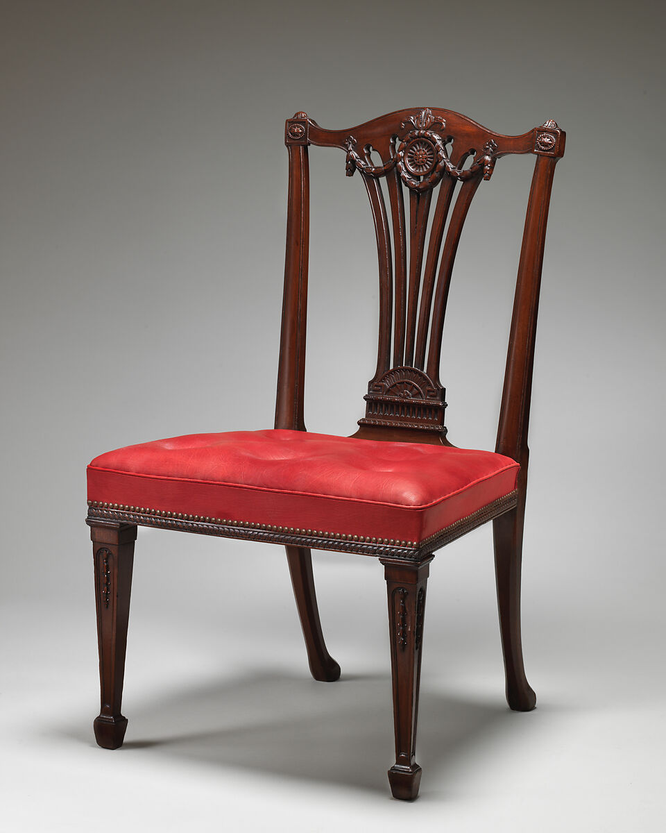 Set of fourteen side chairs, Robert Adam (British, Kirkcaldy, Scotland 1728–1792 London), Mahogany, covered in modern red morocco leather, British