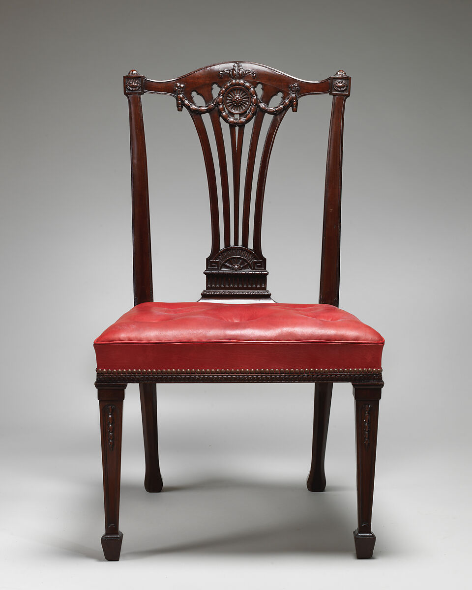 Set of fourteen side chairs, Robert Adam (British, Kirkcaldy, Scotland 1728–1792 London), Mahogany, covered in modern red morocco leather, British