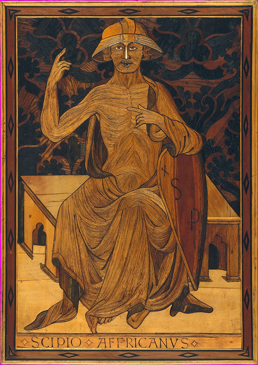 Scipio Africanus, Mattia di Nanni di Stefano (1403–1433), Poplar, bog oak and other wood inlay, rosewood, tin, bone, traces of green coloring, Italian, Siena 