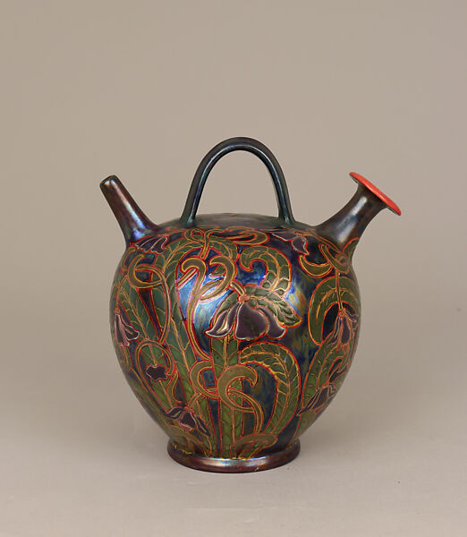 Vase with handle, Zsolnay Porcelain Manufactory (Hungarian, Pecs 1853–present), Glazed earthenware, Hungarian, Pécs