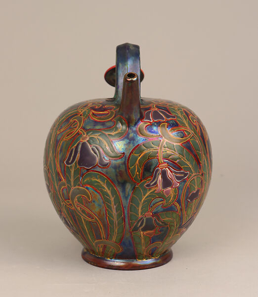 Vase with handle, Zsolnay Porcelain Manufactory (Hungarian, Pecs 1853–present), Glazed earthenware, Hungarian, Pécs
