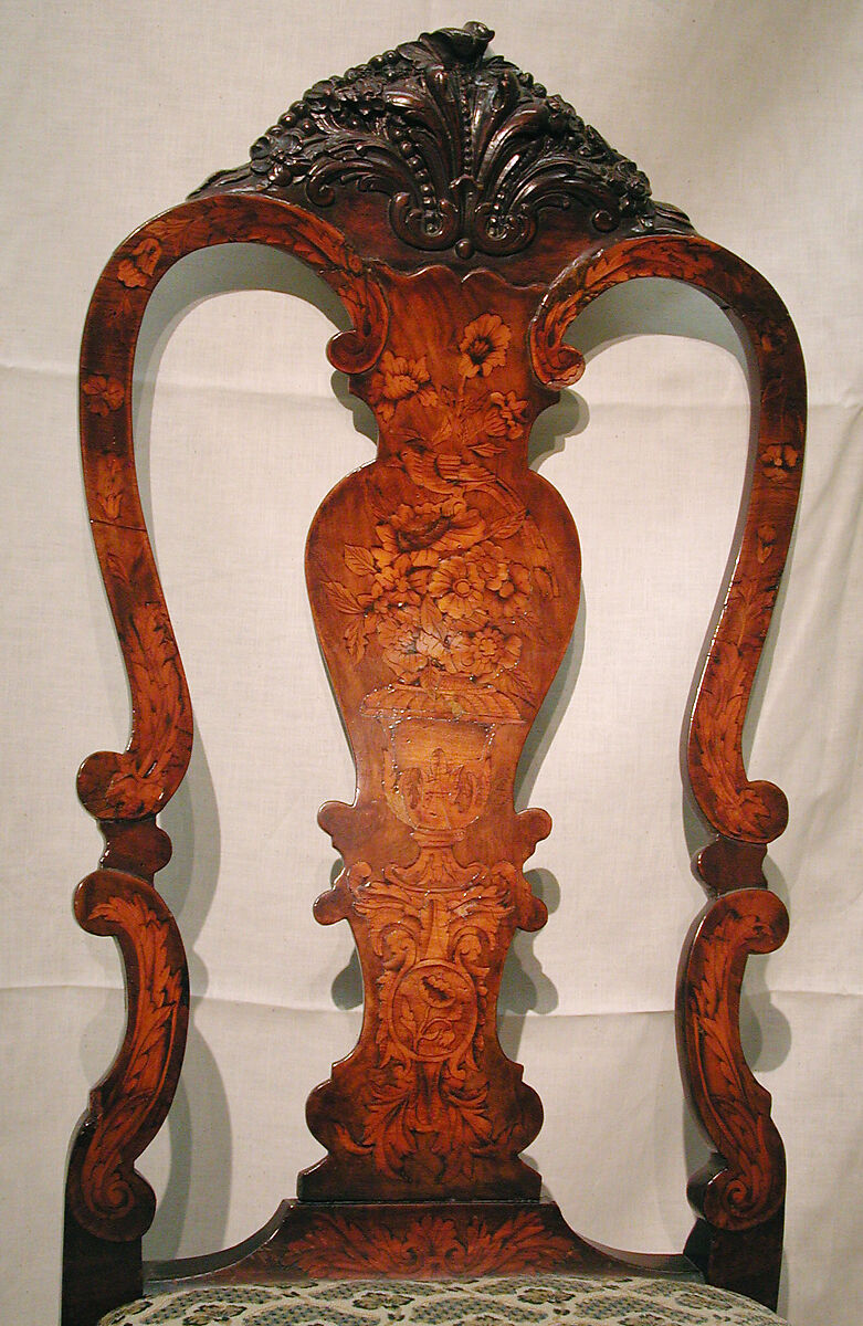 Side chair (one of a pair), Walnut, marquetry woods; the marquetry added at a later time, probably in the late 19th century, Dutch
