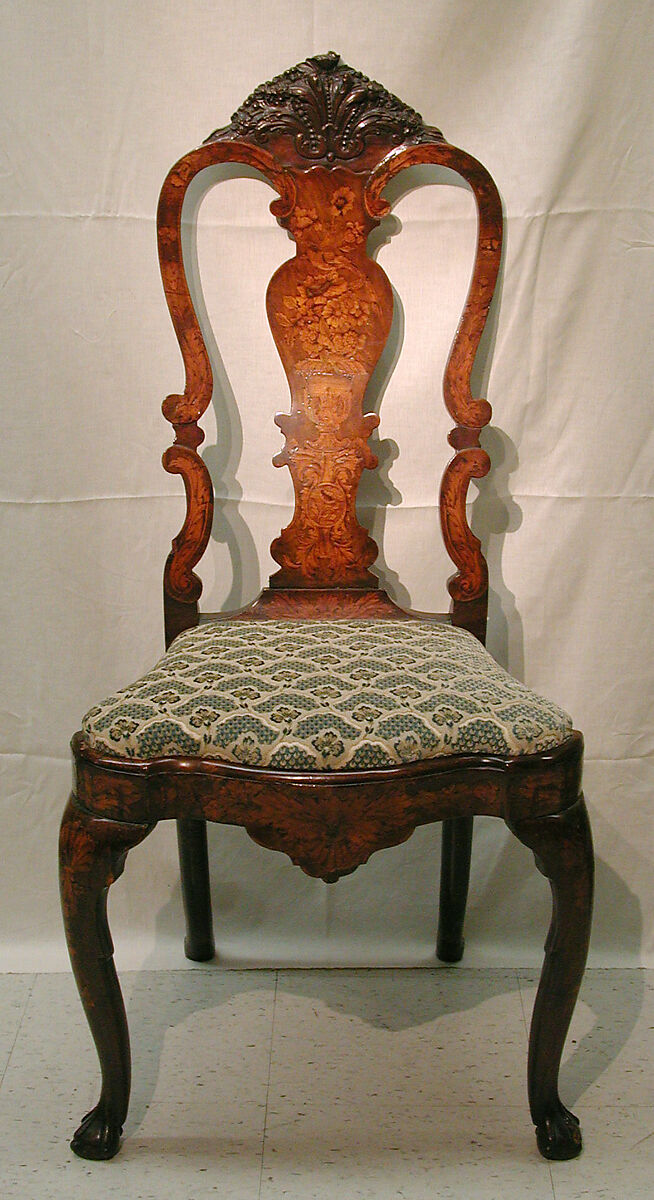 Side chair (one of a pair), Walnut, marquetry woods; the marquetry added at a later time, probably in the late 19th century, Dutch 