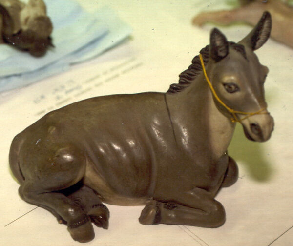Seated donkey, Polychromed terracotta, Italian, Naples 