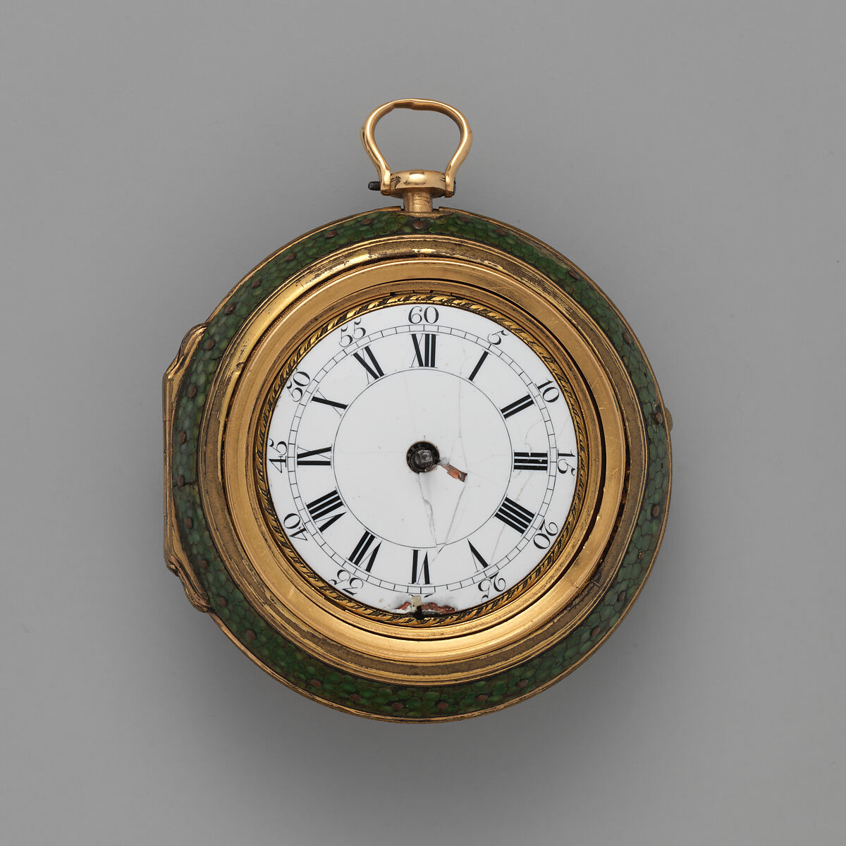 Triple-cased watch, Watchmaker: Firm of Clarke &amp; Dunster (partners 1703–ca. 1725/30), Outer case: brass and shagreen, piqué; middle case: gold; dial: white enamel; movement: gilded brass and steel with silver dust cover, British, London 