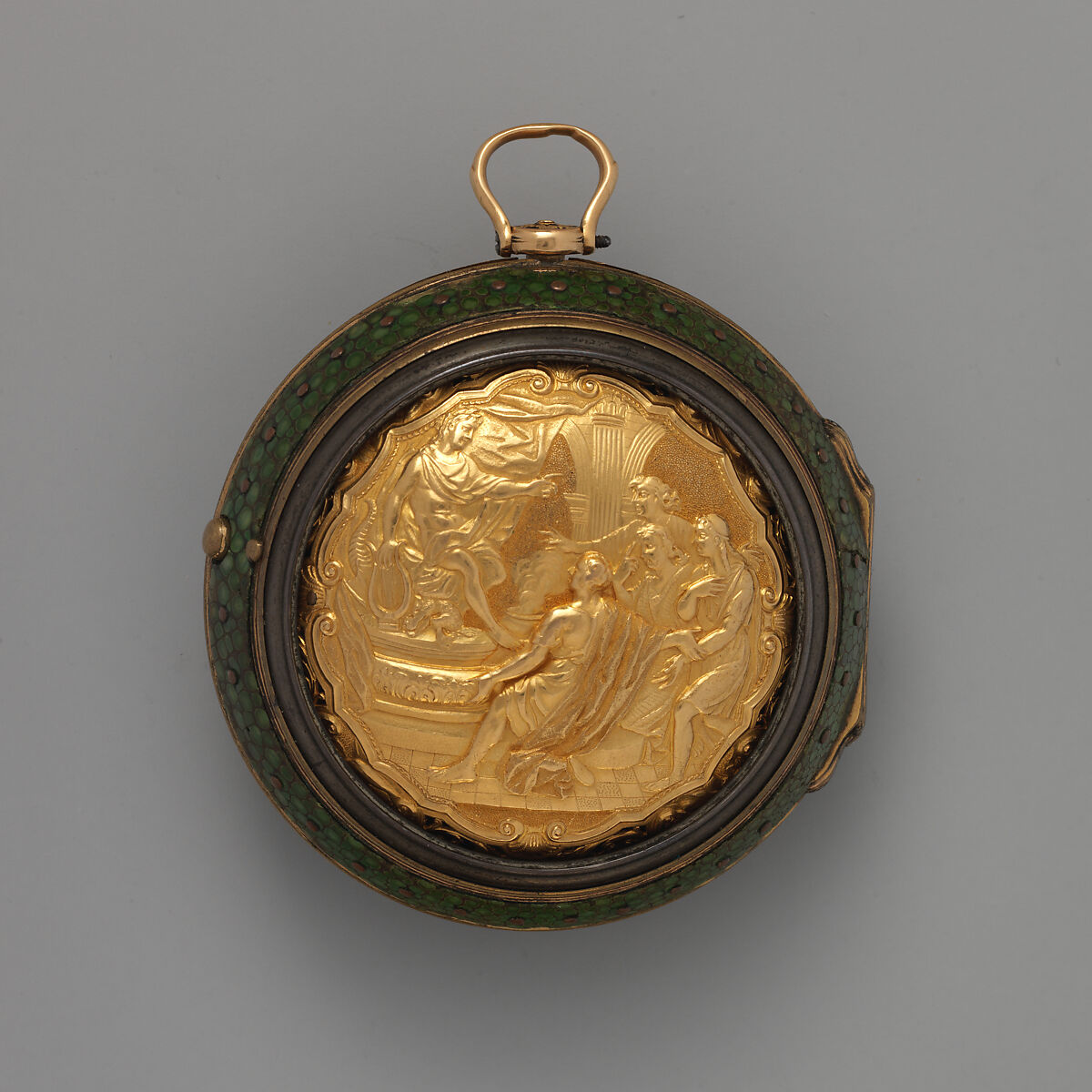 Triple-cased watch, Watchmaker: Firm of Clarke &amp; Dunster (partners 1703–ca. 1725/30), Outer case: brass and shagreen, piqué; middle case: gold; dial: white enamel; movement: gilded brass and steel with silver dust cover, British, London