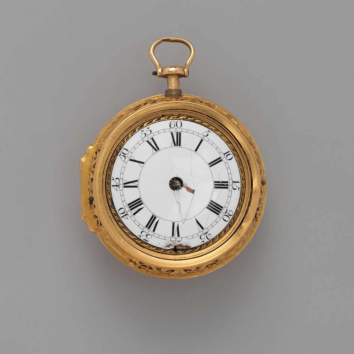 Triple-cased watch, Watchmaker: Firm of Clarke &amp; Dunster (partners 1703–ca. 1725/30), Outer case: brass and shagreen, piqué; middle case: gold; dial: white enamel; movement: gilded brass and steel with silver dust cover, British, London