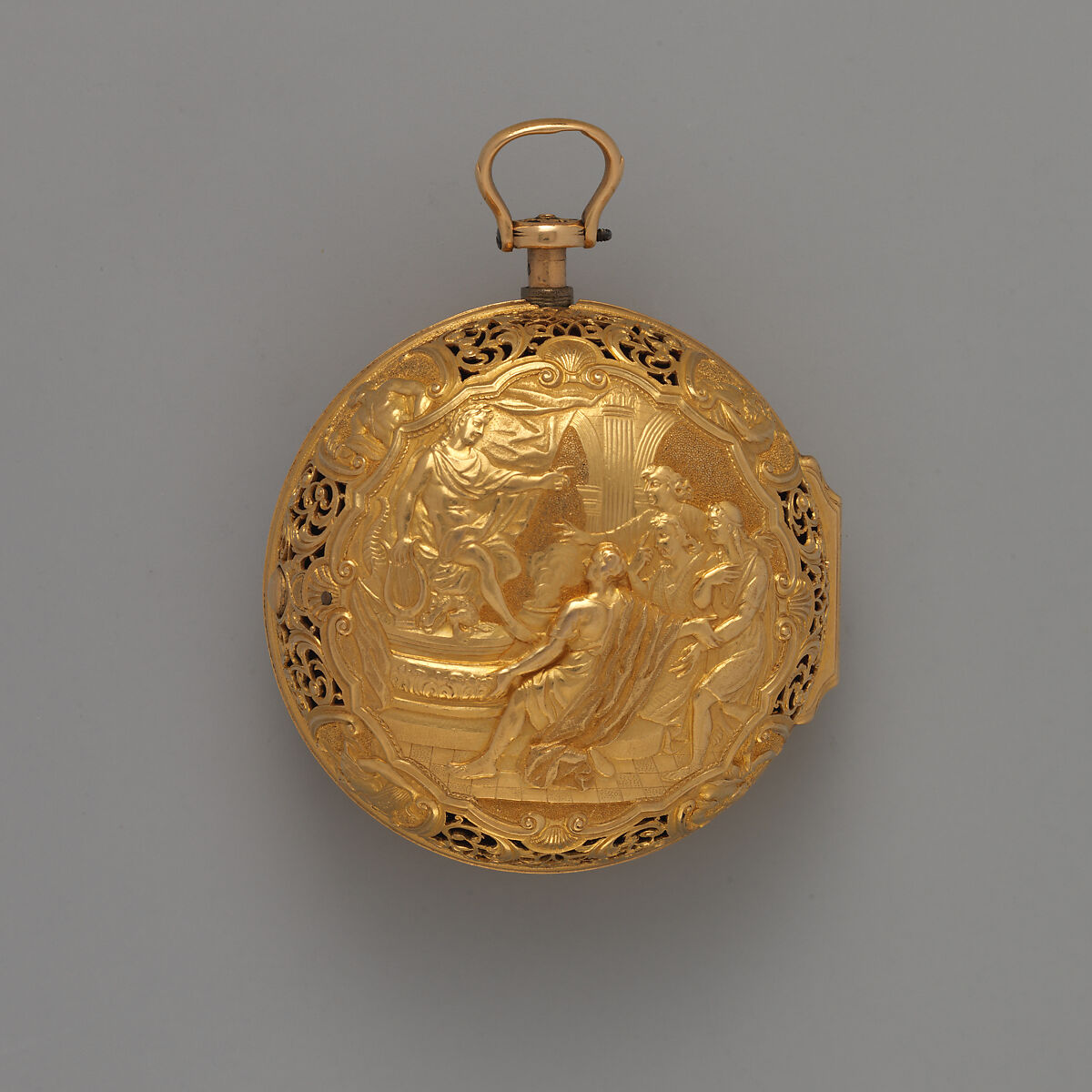 Triple-cased watch, Watchmaker: Firm of Clarke &amp; Dunster (partners 1703–ca. 1725/30), Outer case: brass and shagreen, piqué; middle case: gold; dial: white enamel; movement: gilded brass and steel with silver dust cover, British, London