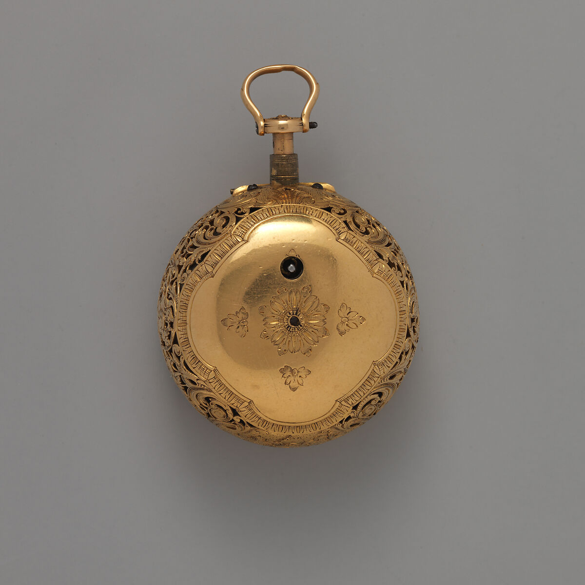 Triple-cased watch, Watchmaker: Firm of Clarke &amp; Dunster (partners 1703–ca. 1725/30), Outer case: brass and shagreen, piqué; middle case: gold; dial: white enamel; movement: gilded brass and steel with silver dust cover, British, London