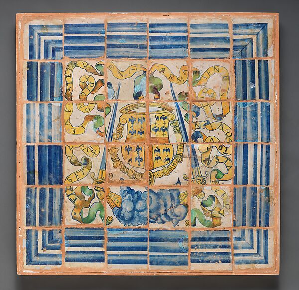 Tiled composition showing the arms of Anne de Montmorency, Masséot Abaquesne (French, active 1538–57), Maiolica (tin-glazed earthenware), French, Rouen 