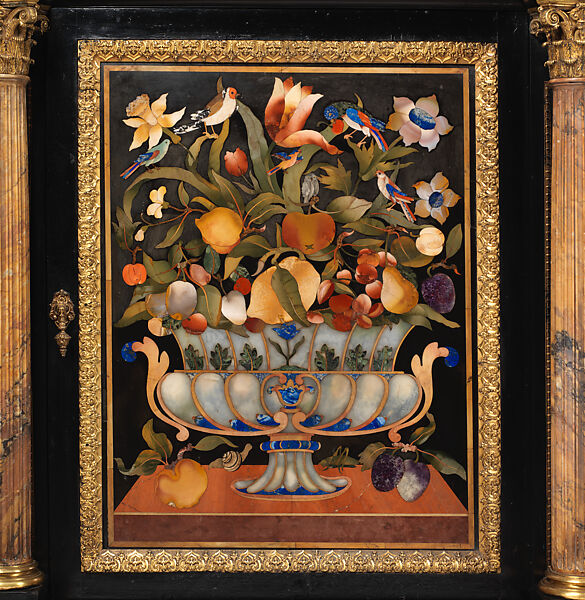 Cabinet, Attributed to Robert Hume (British, active 1808, died 1840), Oak, ebony veneer, 'pietra dura' plaques, with lapis lazuli agate, Sicilian jasper, Siena marble columns, 'rosso antico' marble top, lacquered brass mounts, British