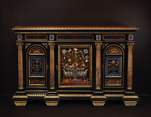 Cabinet, Attributed to Robert Hume (British, active 1808, died 1840), Oak, ebony veneer, 'pietra dura' plaques, with lapis lazuli agate, Sicilian jasper, Siena marble columns, 'rosso antico' marble top, lacquered brass mounts, British 