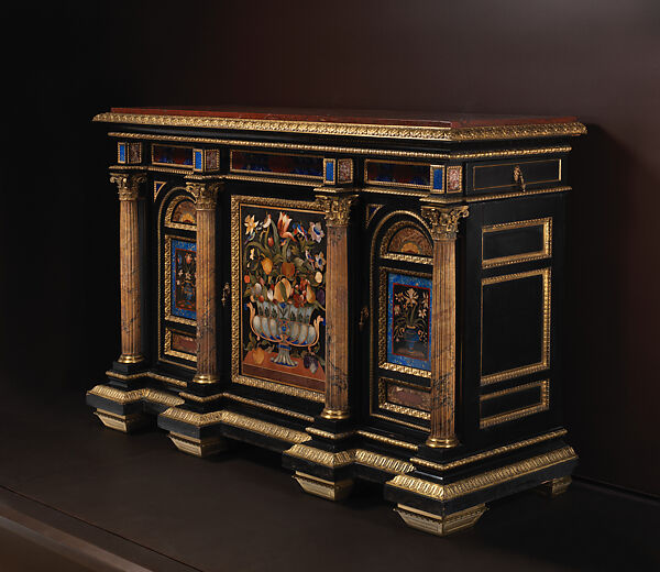 Cabinet, Attributed to Robert Hume (British, active 1808, died 1840), Oak, ebony veneer, 'pietra dura' plaques, with lapis lazuli agate, Sicilian jasper, Siena marble columns, 'rosso antico' marble top, lacquered brass mounts, British