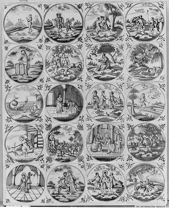 Panel of tiles, Tin-glazed earthenware, Dutch 