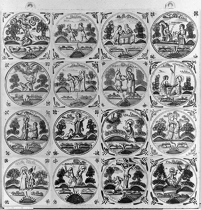 Panel of tiles, Tin-glazed earthenware, Dutch 