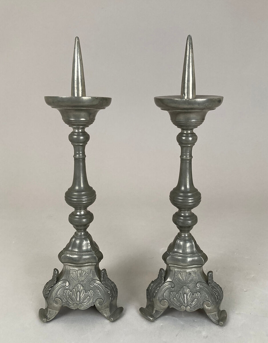 Pair of altar candlesticks, Pewter, Flemish, Liège 