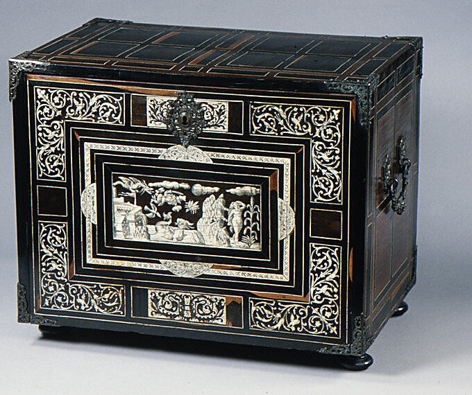 Cabinet, Pine and walnut veneered with rosewood, ebony, macassar ebony, and ivory; brass mounts, Italian, Lombardy 
