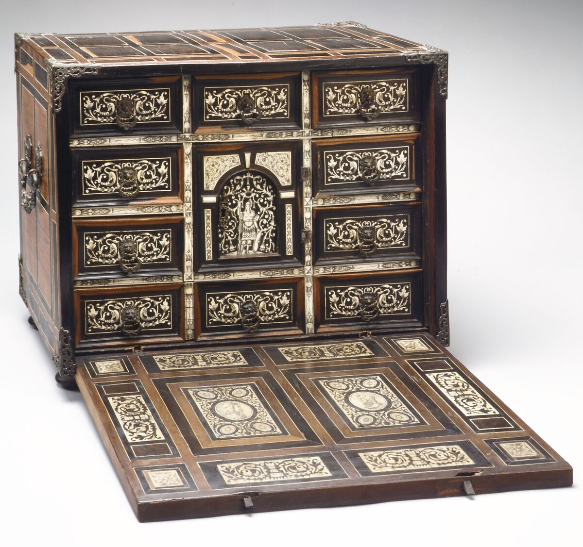Cabinet, Pine and walnut veneered with rosewood, ebony, macassar ebony, and ivory; brass mounts, Italian, Lombardy