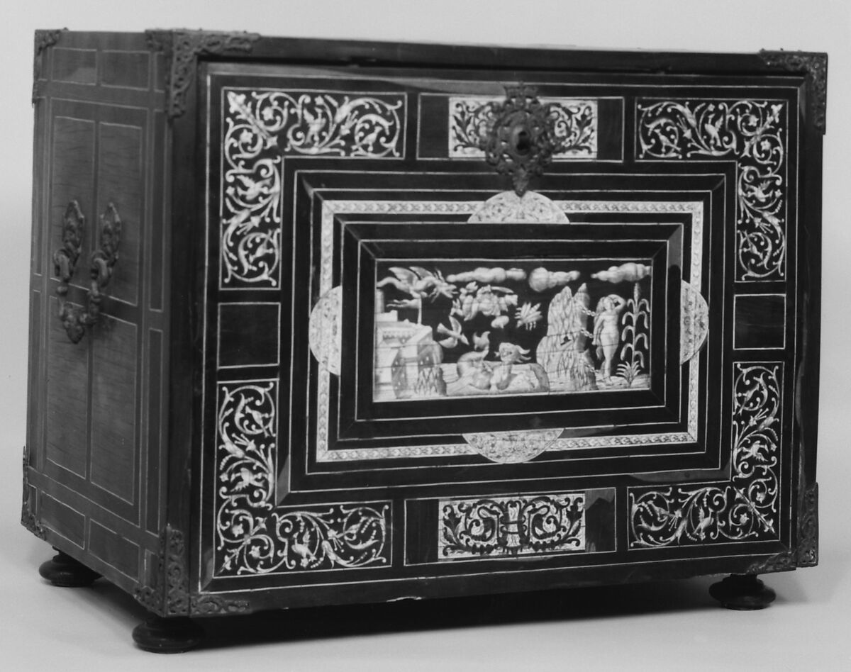 Cabinet, Pine and walnut veneered with rosewood, ebony, macassar ebony, and ivory; brass mounts, Italian, Lombardy