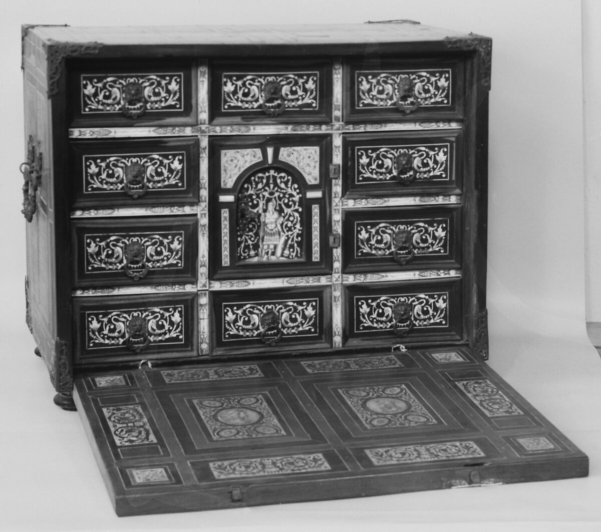 Cabinet, Pine and walnut veneered with rosewood, ebony, macassar ebony, and ivory; brass mounts, Italian, Lombardy