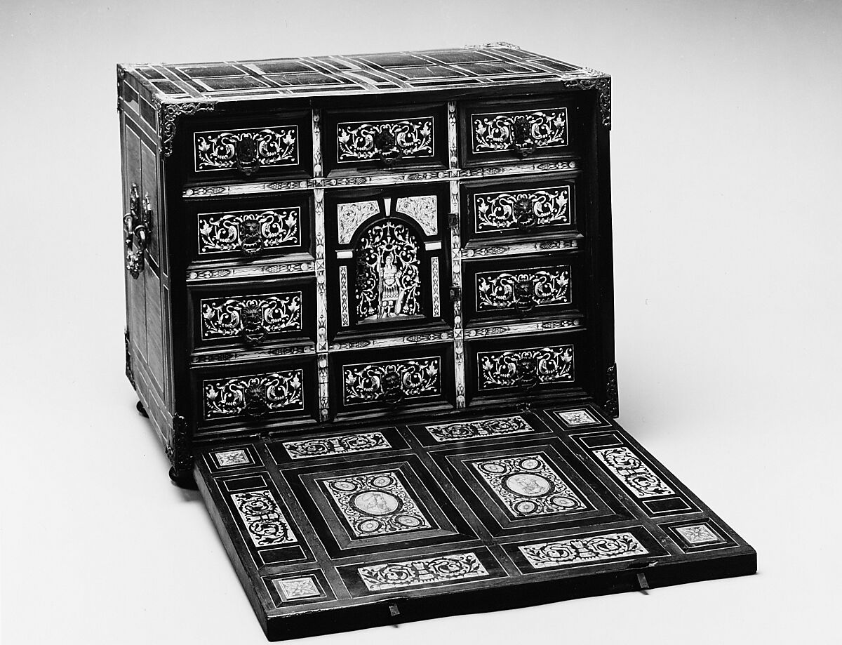 Cabinet, Pine and walnut veneered with rosewood, ebony, macassar ebony, and ivory; brass mounts, Italian, Lombardy