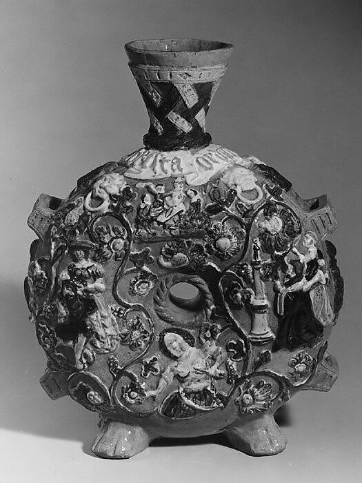 Pilgrim bottle, Factory of Christian Wilhelm Fleischman (1829–ca. 1904), Pottery, German, Nuremberg 