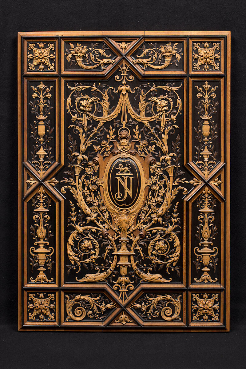 Book or album cover, Henry-Auguste Fourdinois (French, 1830–1907), Ebony and boxwood, pear and other fruitwoods, French, Paris