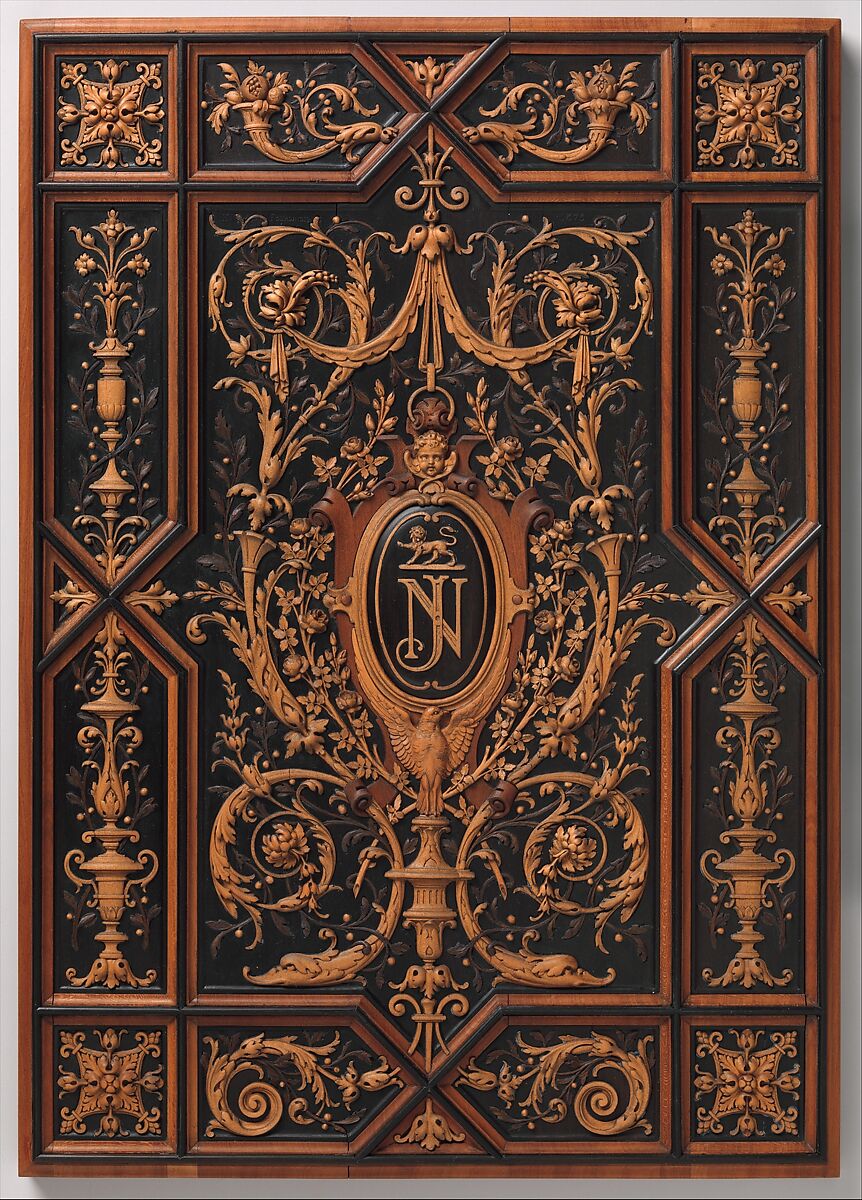 Book or album cover, Henry-Auguste Fourdinois (French, 1830–1907), Ebony and boxwood, pear and other fruitwoods, French, Paris 