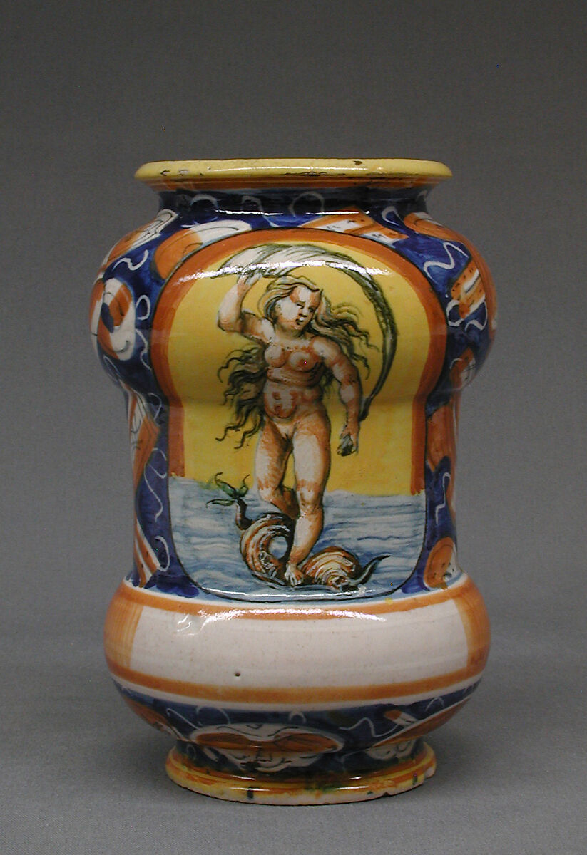 Pharmacy jar (albarello) (one of a pair), Maiolica (tin-glazed earthenware), Italian, probably Pesaro 