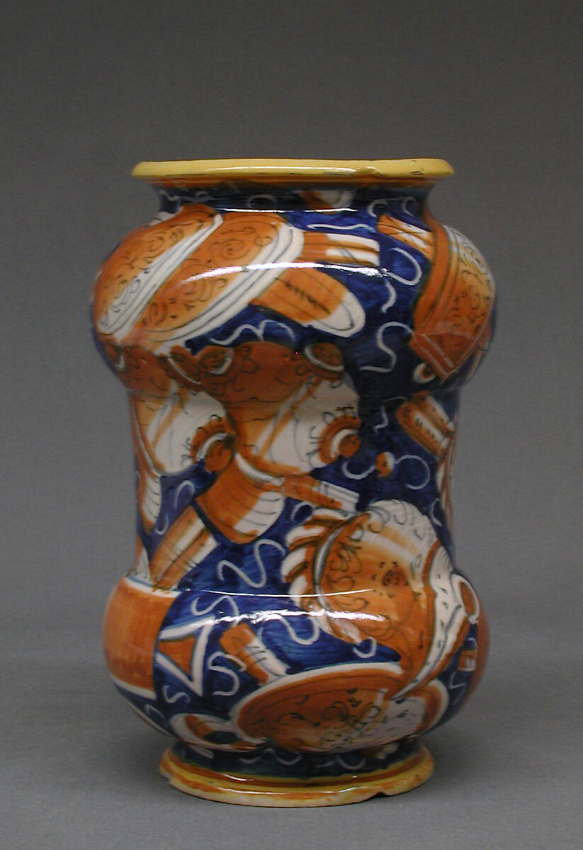 Pharmacy jar (albarello) (one of a pair), Maiolica (tin-glazed earthenware), Italian, probably Pesaro