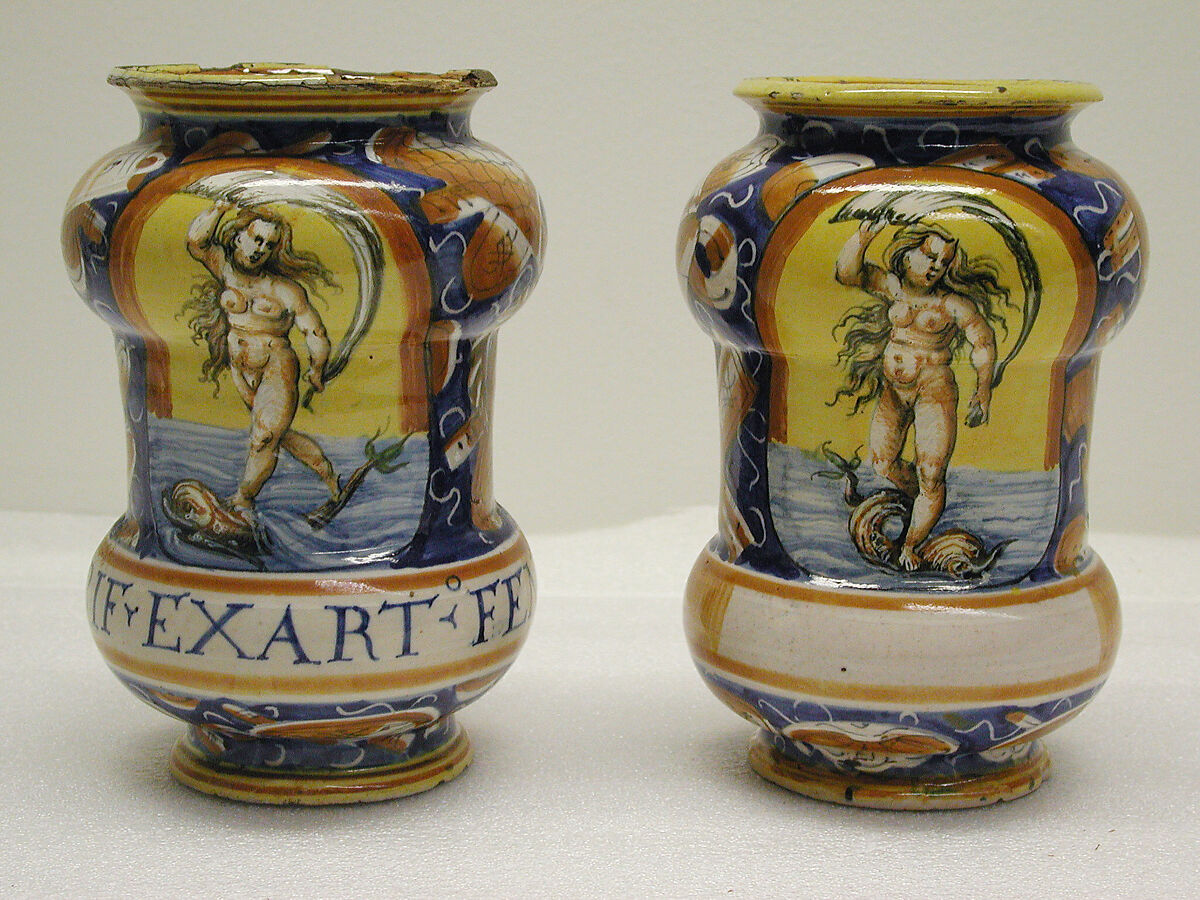 Pharmacy jar (albarello) (one of a pair), Maiolica (tin-glazed earthenware), Italian, probably Pesaro