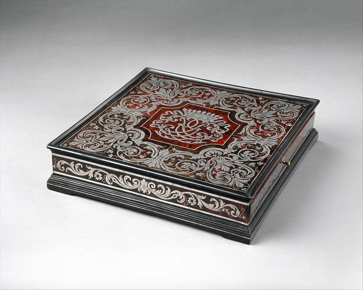 Writing box, Ferdinand Plitzner (German, 1678–1724), Oak, cedar, exotic hardwood, and ebonized fruitwood; marquetry in pewter, brass, and tortoiseshell; silver, German, Eyrichshof (Franconia)