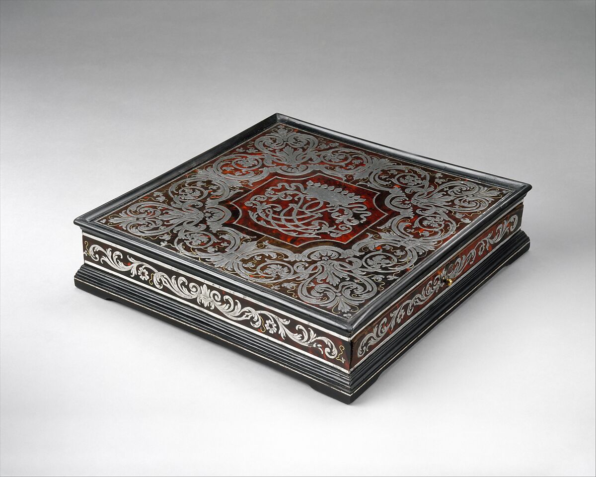 Writing box, Ferdinand Plitzner (German, 1678–1724), Oak, cedar, exotic hardwood, and ebonized fruitwood; marquetry in pewter, brass, and tortoiseshell; silver, German, Eyrichshof (Franconia) 