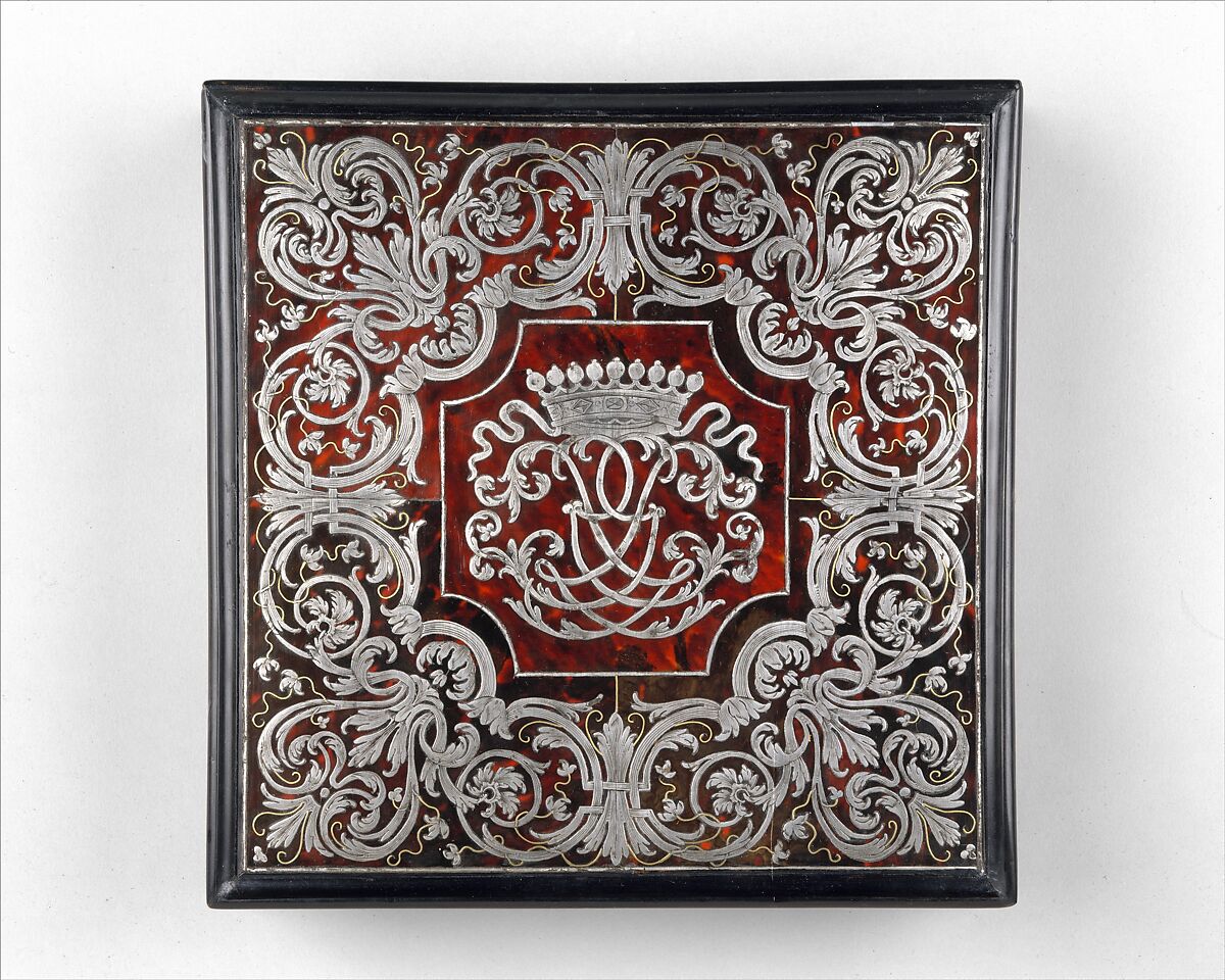 Writing box, Ferdinand Plitzner (German, 1678–1724), Oak, cedar, exotic hardwood, and ebonized fruitwood; marquetry in pewter, brass, and tortoiseshell; silver, German, Eyrichshof (Franconia)