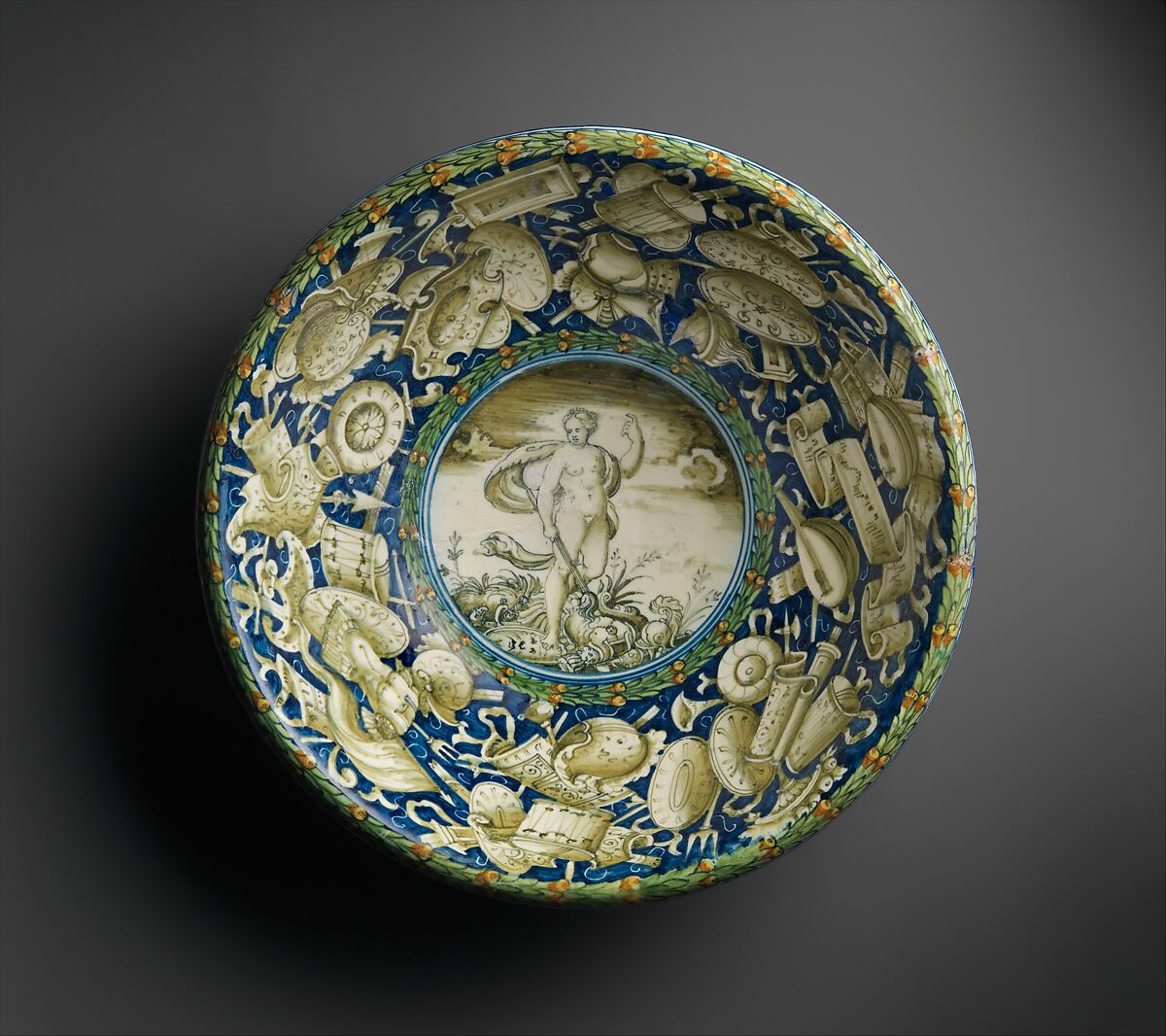 Bowl with Allegory of Peace, Maiolica (tin-glazed earthenware), Italian, Venice or Duchy of Urbino (possibly Pesaro) 