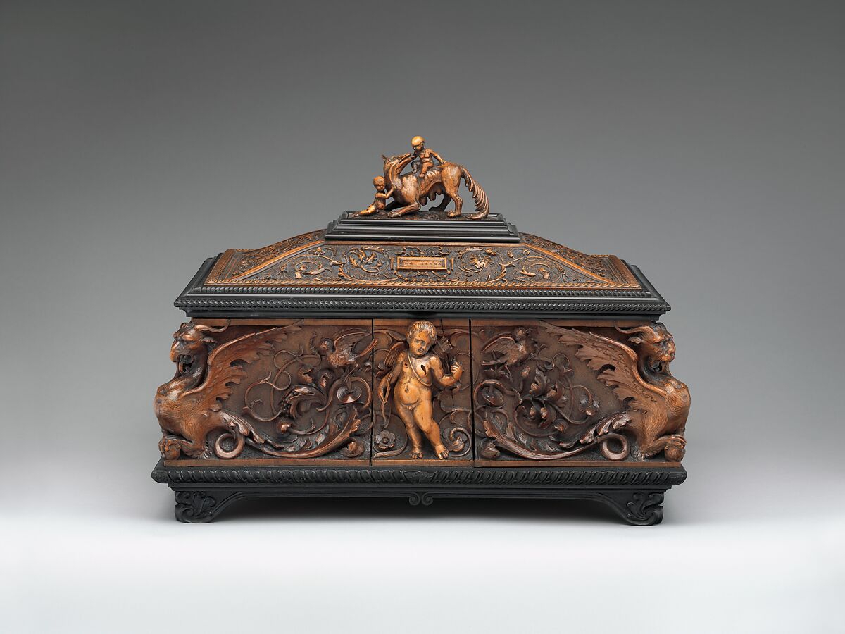 Jewelry casket, Pietro Giusti (Italian, 1822–1878), Carved walnut, ebony, lined with red velvet, Italian, Siena 