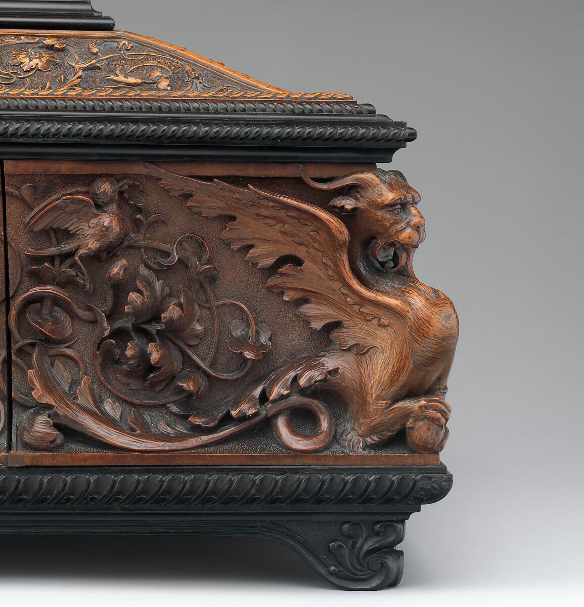 Jewelry casket, Pietro Giusti (Italian, 1822–1878), Carved walnut, ebony, lined with red velvet, Italian, Siena