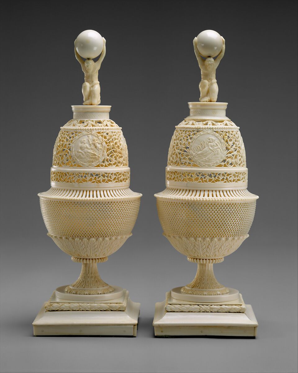 Pair of vases, Nikolai Stepanovich Vereshchagin (ca. 1795–1813), Walrus and elephant ivory, Russian, Archangelsk 