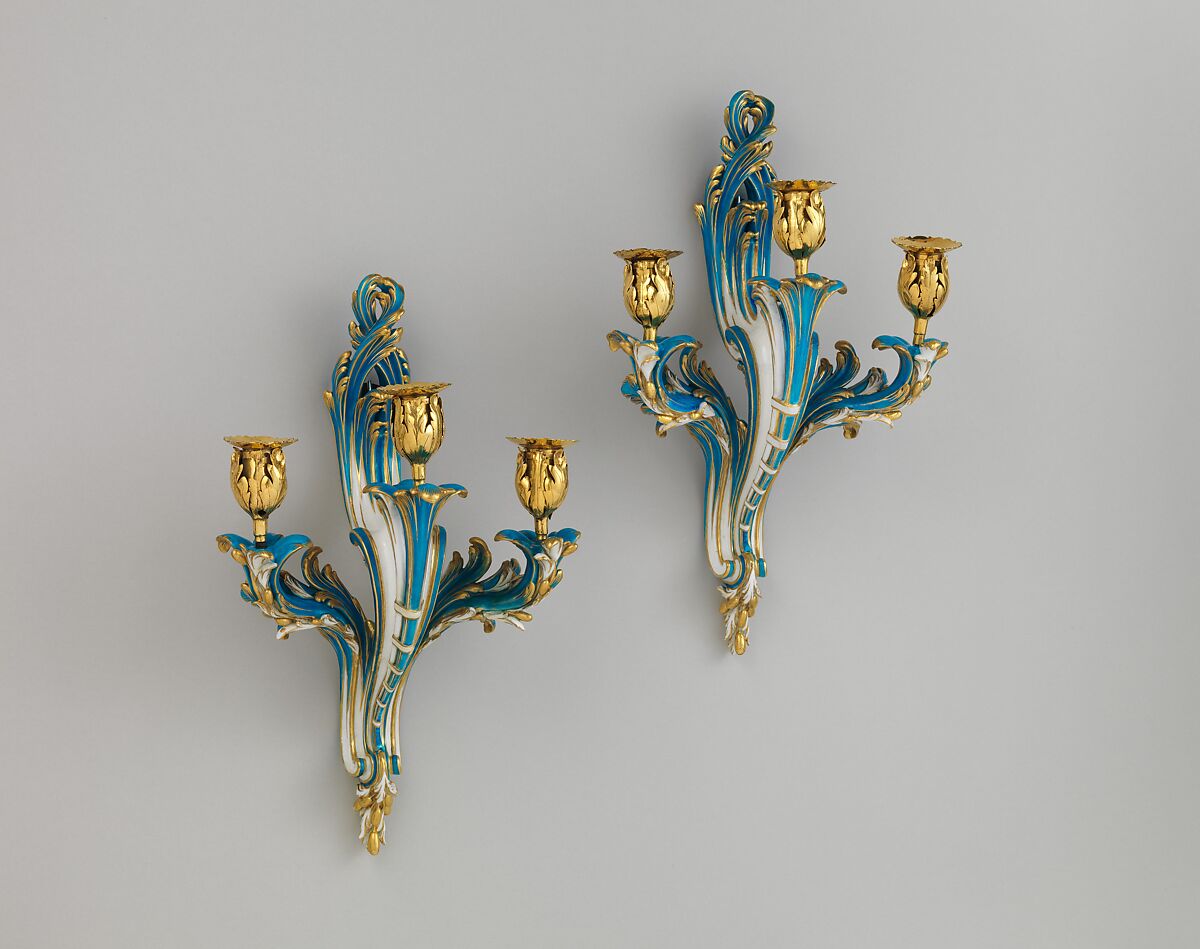 Two wall sconces (Bras de cheminée), Model attributed to Jean-Claude Duplessis (French, ca. 1695–1774, active 1748–74), Soft-paste porcelain decorated in polychrome enamel, gold, gilt bronze, French, Sèvres 